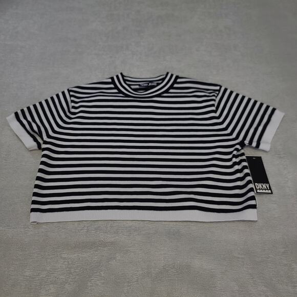 DKNY Jeans Breton stripe women's crop top black/white Size Large Fisherman - Picture 4 of 7